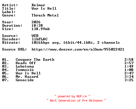 NFO for the release Keimar-War_Is_Hell-16BIT-WEB-FLAC-2026-VEXED by VEXED