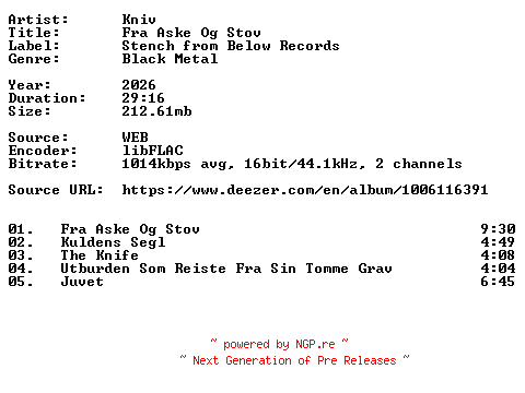 NFO for the release Kniv-Fra_Aske_Og_Stov-NO-16BIT-WEB-FLAC-2026-VEXED by VEXED