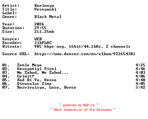 NFO for the release Korinnya-Vesnyanki-UA-16BIT-WEB-FLAC-2026-VEXED by VEXED