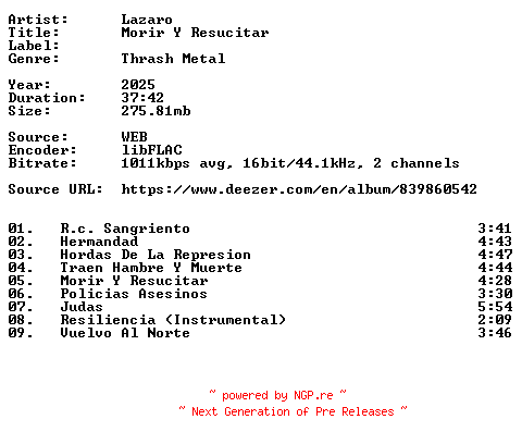 NFO for the release Lazaro-Morir_Y_Resucitar-ES-16BIT-WEB-FLAC-2025-VEXED by VEXED