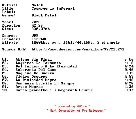 NFO for the release Molok-Cosmogonia_Infernal-ES-16BIT-WEB-FLAC-2026-VEXED by VEXED