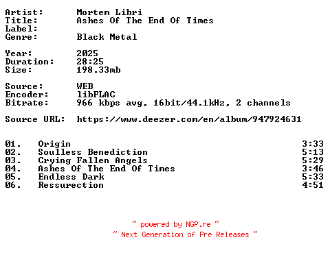 NFO for the release Mortem_Libri-Ashes_Of_The_End_Of_Times-16BIT-WEB-FLAC-2025-VEXED by VEXED