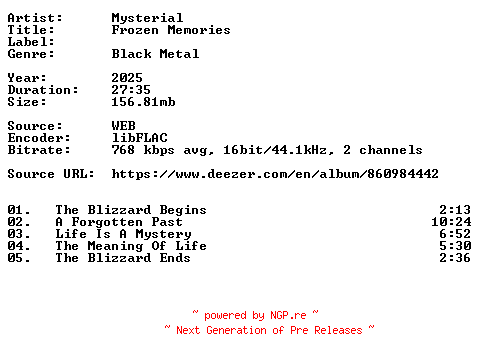 NFO for the release Mysterial-Frozen_Memories-16BIT-WEB-FLAC-2025-VEXED by VEXED