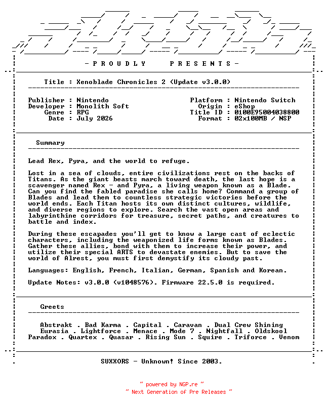 NFO for the release Xenoblade_Chronicles_2_Update_v3.0.0_NSW-SUXXORS by SUXXORS