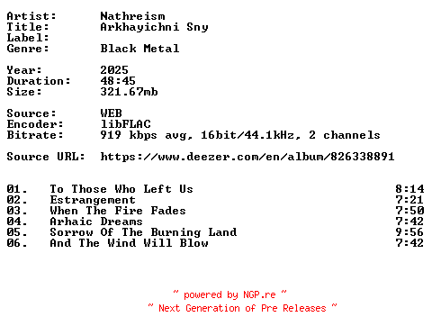 NFO for the release Nathreism-Arkhayichni_Sny-UA-16BIT-WEB-FLAC-2025-VEXED by VEXED