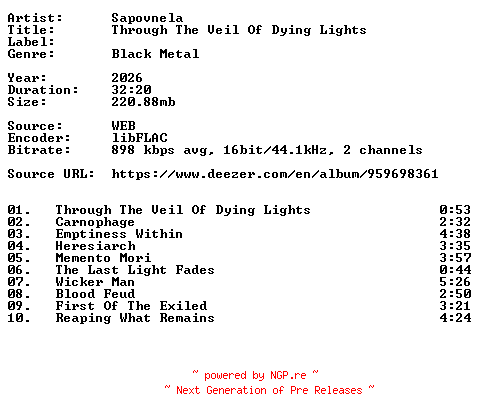 NFO for the release Sapovnela-Through_The_Veil_Of_Dying_Lights-16BIT-WEB-FLAC-2026-VEXED by VEXED