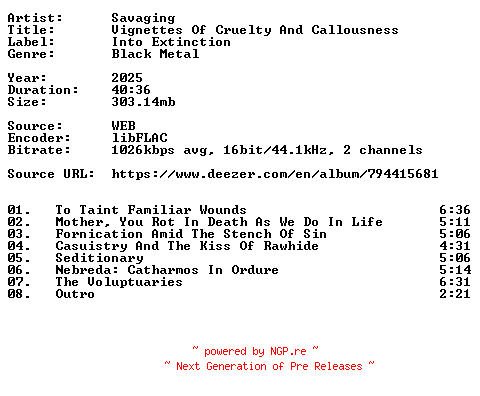NFO for the release Savaging-Vignettes_Of_Cruelty_And_Callousness-16BIT-WEB-FLAC-2025-VEXED by VEXED