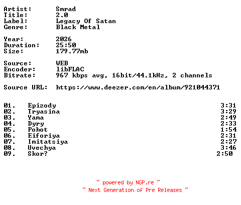 NFO for the release Smrad-2.0-RU-16BIT-WEB-FLAC-2026-VEXED by VEXED