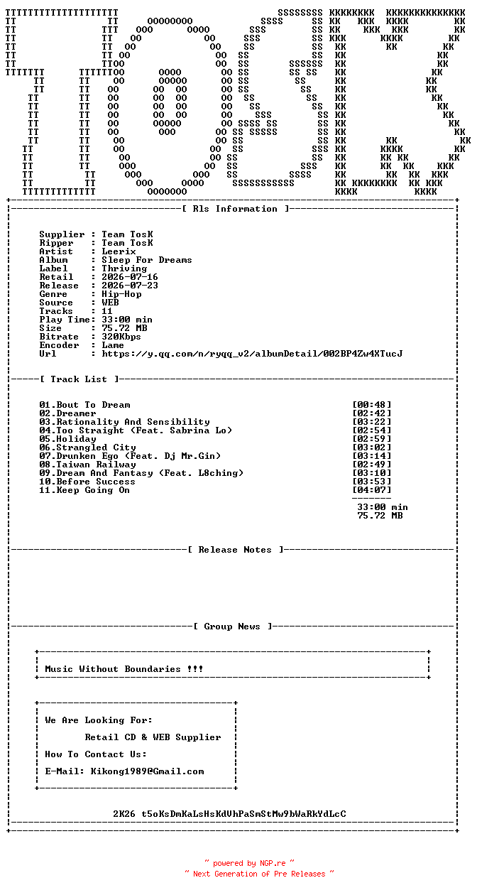 NFO for the release Leerix-Sleep_For_Dreams-WEB-CN-2026-TosK by TosK