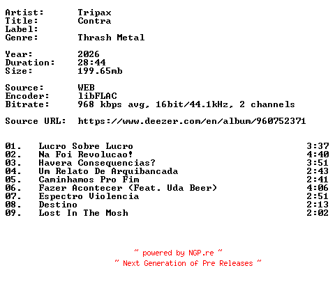 NFO for the release Tripax-Contra-PT-16BIT-WEB-FLAC-2026-VEXED by VEXED