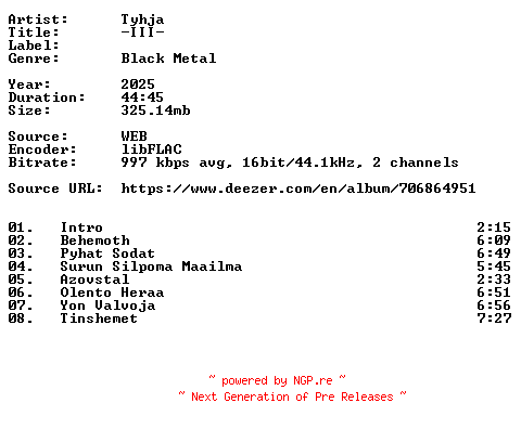 NFO for the release Tyhja--III--FI-16BIT-WEB-FLAC-2025-VEXED by VEXED