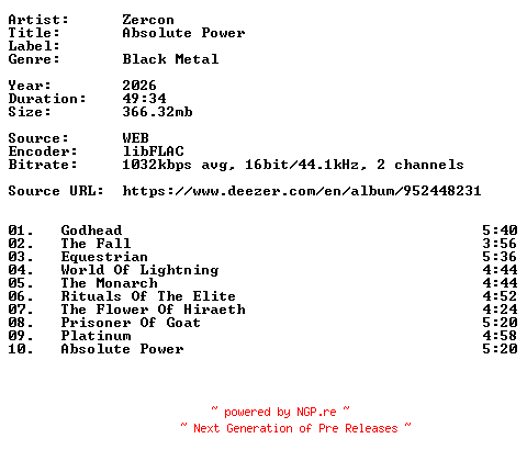 NFO for the release Zercon-Absolute_Power-16BIT-WEB-FLAC-2026-VEXED by VEXED