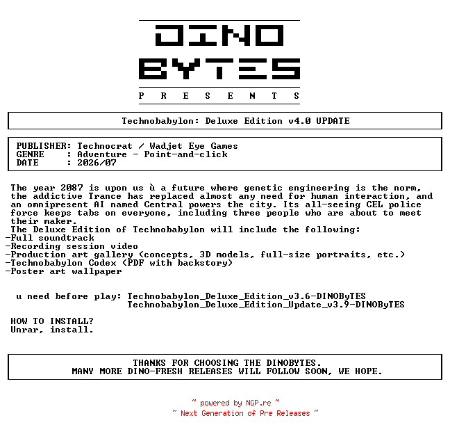 NFO for the release Technobabylon_Deluxe_Edition_Update_v4.0-DINOByTES by DINOByTES