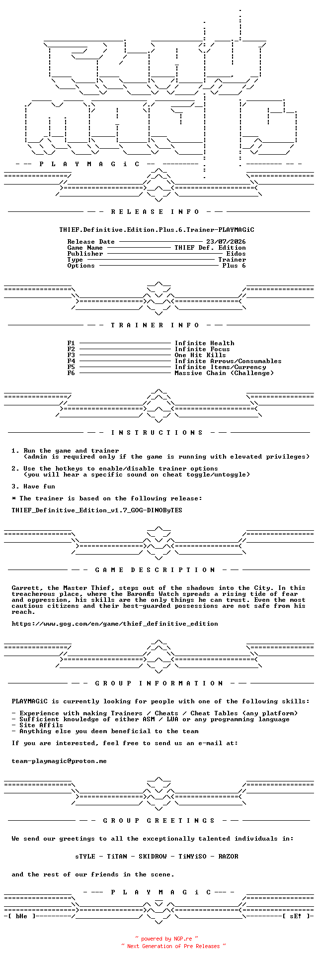 NFO for the release THIEF.Definitive.Edition.Plus.6.Trainer-PLAYMAGiC by PLAYMAGiC