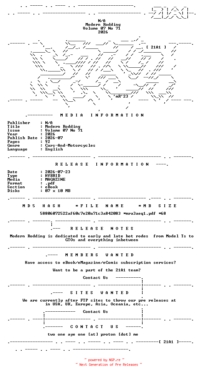 NFO for the release Modern.Rodding.Volume.07.No.71.2026.HYBRID.MAGAZINE.eBook-21A1 by 21A1