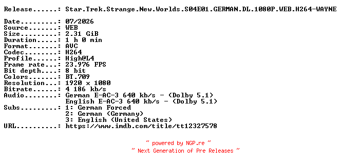 NFO for the release Star.Trek.Strange.New.Worlds.S04E01.GERMAN.DL.1080P.WEB.H264-WAYNE by WAYNE