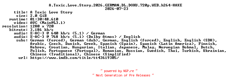 NFO for the release A.Toxic.Love.Story.2026.GERMAN.DL.DOKU.720p.WEB.h264-HAXE by HAXE