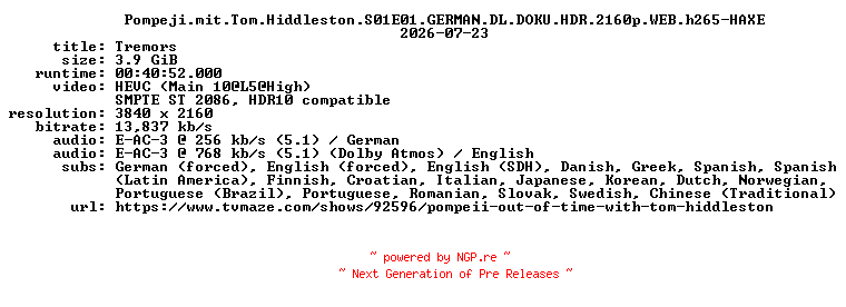 NFO for the release Pompeji.mit.Tom.Hiddleston.S01E01.GERMAN.DL.DOKU.HDR.2160p.WEB.h265-HAXE by HAXE