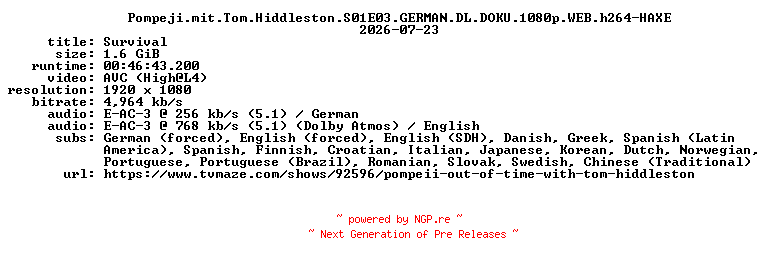 NFO for the release Pompeji.mit.Tom.Hiddleston.S01E03.GERMAN.DL.DOKU.1080p.WEB.h264-HAXE by HAXE