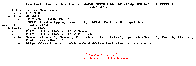 NFO for the release Star.Trek.Strange.New.Worlds.S04E01.GERMAN.DL.HDR.2160p.WEB.h265-SAUERKRAUT by SAUERKRAUT