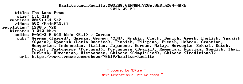 NFO for the release Kaulitz.und.Kaulitz.S03E08.GERMAN.720p.WEB.h264-HAXE by HAXE
