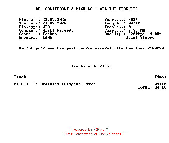 NFO for the release DR._OBLITERANE_And_MICHUWA_-_ALL_THE_BROSKIES-(ABSLT073)-SINGLE-WEB-2026-FMC by FMC