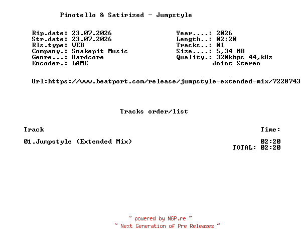 NFO for the release Pinotello_And_Satirized_-_Jumpstyle-(SPM158)-SINGLE-WEB-2026-FMC by FMC
