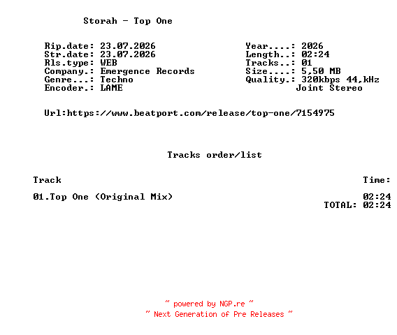 NFO for the release Storah_-_Top_One-(EMRG082)-SINGLE-WEB-2026-FMC by FMC