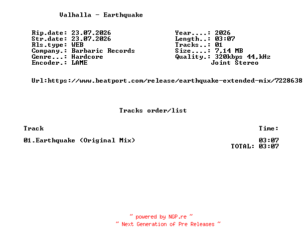 NFO for the release Valhalla_-_Earthquake-(BBR265)-SINGLE-WEB-2026-FMC by FMC
