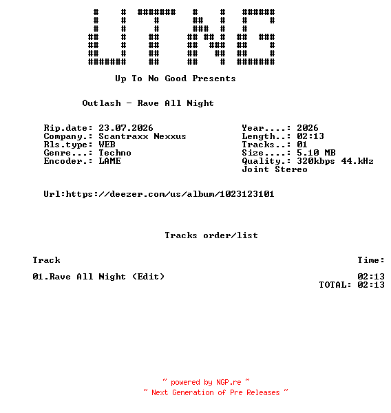 NFO for the release Outlash_-_Rave_All_Night_(Edit)-SINGLE-WEB-2026-UTNG by UTNG