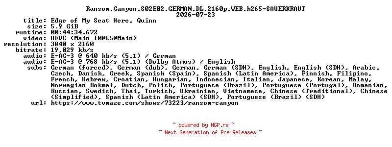 NFO for the release Ransom.Canyon.S02E02.GERMAN.DL.2160p.WEB.h265-SAUERKRAUT by SAUERKRAUT