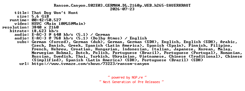 NFO for the release Ransom.Canyon.S02E03.GERMAN.DL.2160p.WEB.h265-SAUERKRAUT by SAUERKRAUT