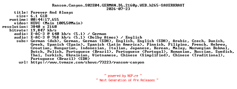 NFO for the release Ransom.Canyon.S02E04.GERMAN.DL.2160p.WEB.h265-SAUERKRAUT by SAUERKRAUT