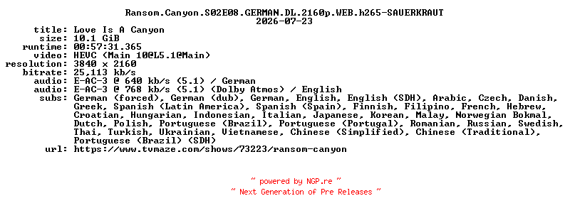 NFO for the release Ransom.Canyon.S02E08.GERMAN.DL.2160p.WEB.h265-SAUERKRAUT by SAUERKRAUT