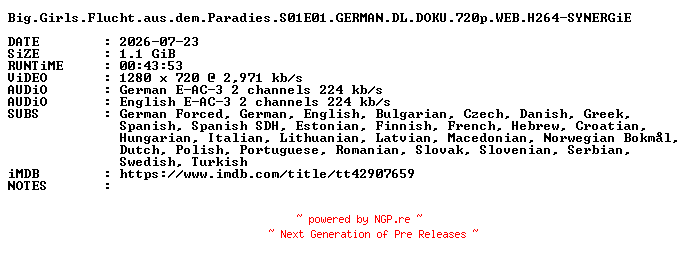 NFO for the release Big.Girls.Flucht.aus.dem.Paradies.S01E01.GERMAN.DL.DOKU.720p.WEB.H264-SYNERGiE by SYNERGiE