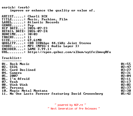 NFO for the release Charli_XCX-Music_Fashion_Film-WEB-2026-ENRiCH by ENRiCH
