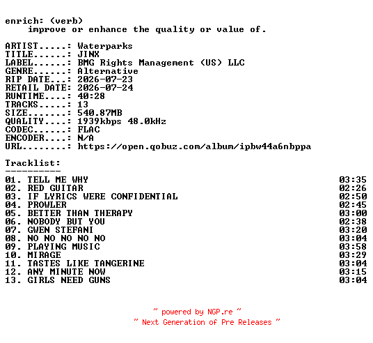 NFO for the release Waterparks-JINX-24BIT-WEB-FLAC-2026-ENRiCH by ENRiCH