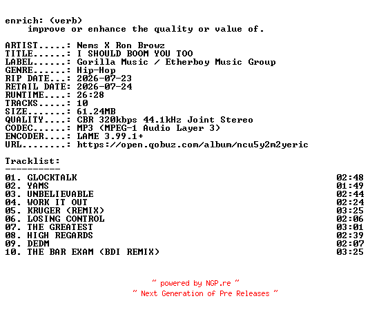 NFO for the release Nems_X_Ron_Browz-I_SHOULD_BOOM_YOU_TOO-WEB-2026-ENRiCH by ENRiCH