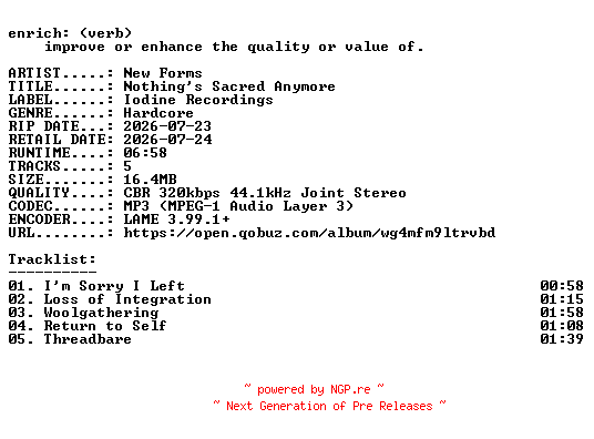 NFO for the release New_Forms-Nothings_Sacred_Anymore-EP-WEB-2026-ENRiCH by ENRiCH
