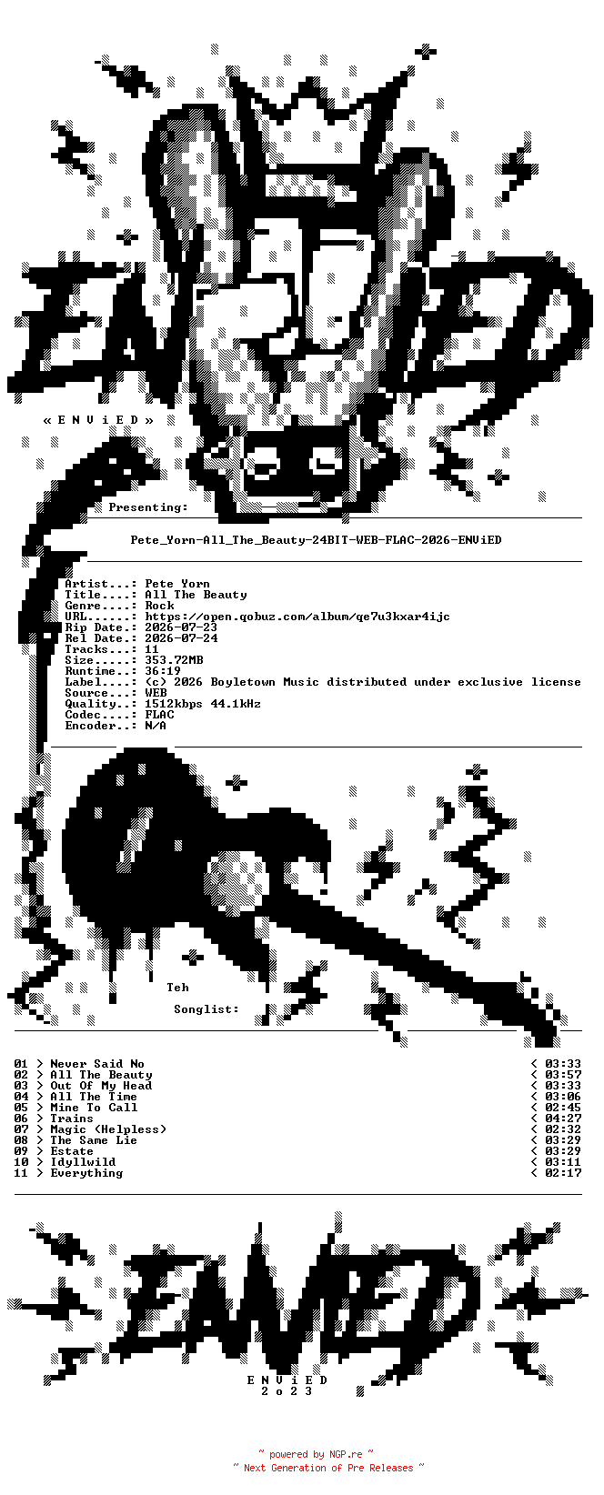 NFO for the release Pete_Yorn-All_The_Beauty-24BIT-WEB-FLAC-2026-ENViED by ENViED