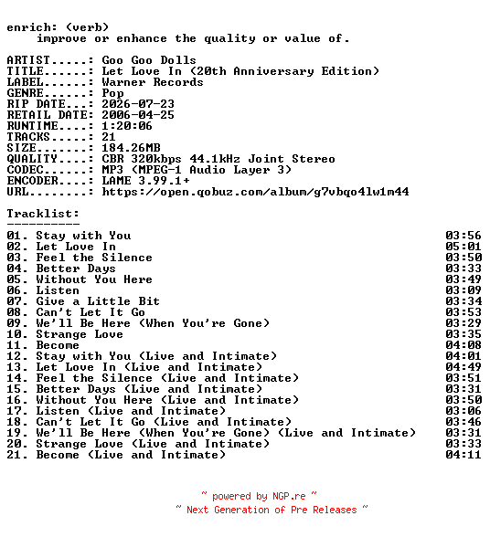 NFO for the release Goo_Goo_Dolls-Let_Love_In_(20th_Anniversary_Edition)-WEB-2026-ENRiCH by ENRiCH