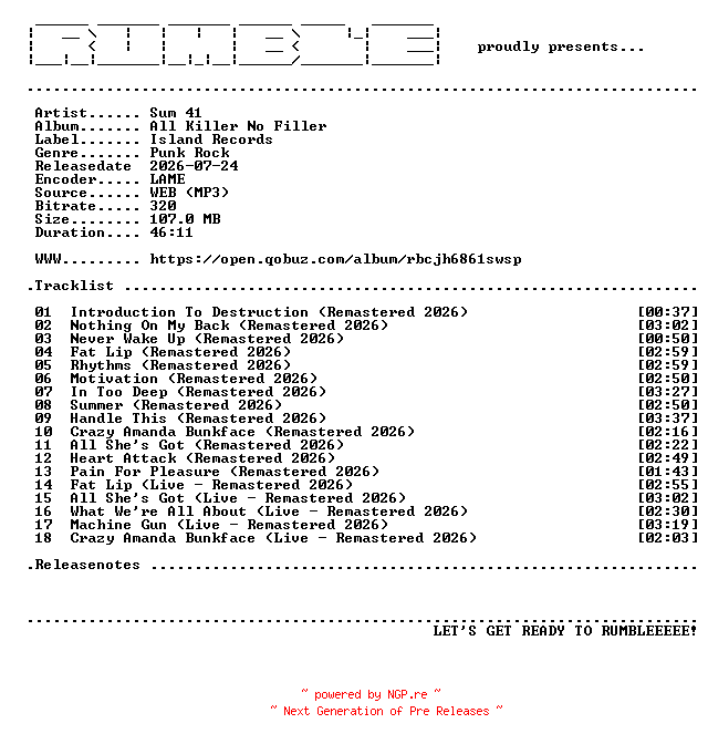 NFO for the release Sum_41-All_Killer_No_Filler-25Th_Anniversary_Edition-(WEB)-2026-RUMBLE by RUMBLE