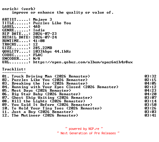 NFO for the release Mojave_3-Puzzles_Like_You-REMASTERED-16BIT-WEB-FLAC-2026-ENRiCH by ENRiCH