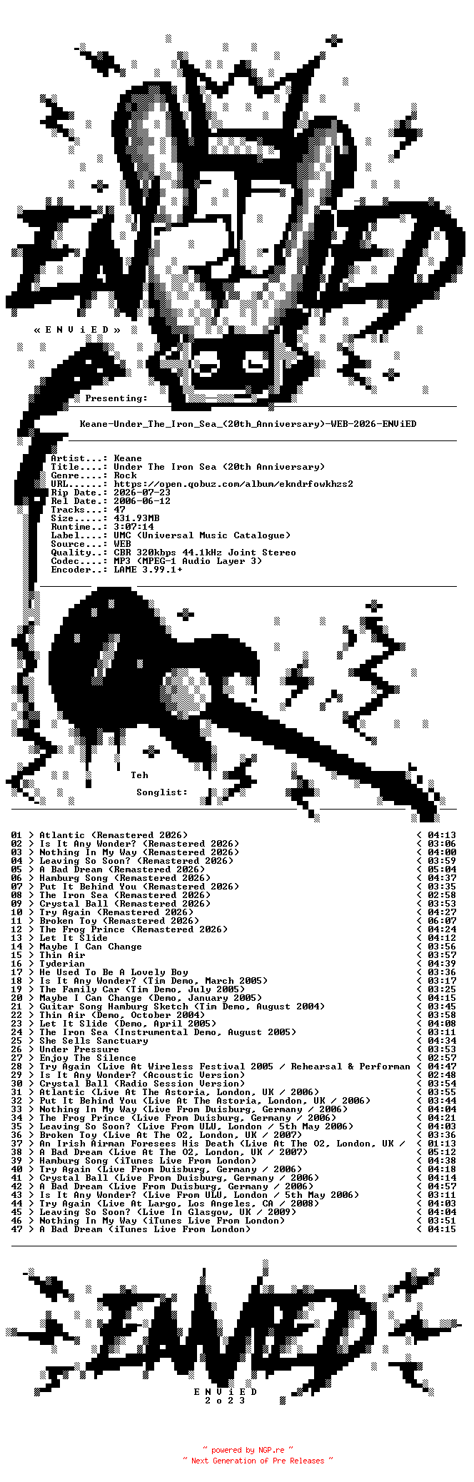 NFO for the release Keane-Under_The_Iron_Sea_(20th_Anniversary)-WEB-2026-ENViED by ENViED