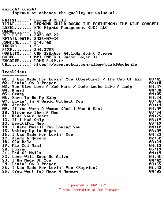 NFO for the release Desmond_Child-DESMOND_CHILD_ROCKS_THE_PARTHENON_THE_LIVE_CONCERT_ALBUM-WEB-2026-ENRiCH by ENRiCH