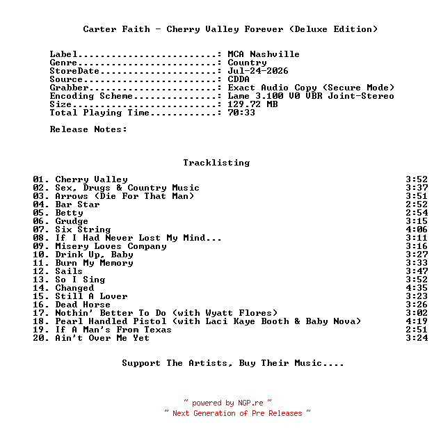 NFO for the release Carter_Faith-Cherry_Valley_Forever-(Deluxe_Edition)-2026-C4 by C4