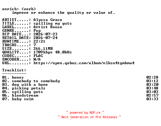 NFO for the release Alyssa_Grace-spilling_my_guts-EP-24BIT-WEB-FLAC-2026-ENRiCH by ENRiCH