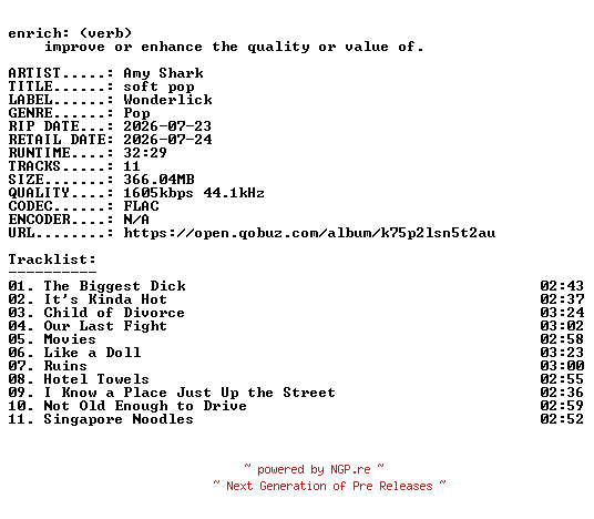 NFO for the release Amy_Shark-soft_pop-24BIT-WEB-FLAC-2026-ENRiCH by ENRiCH