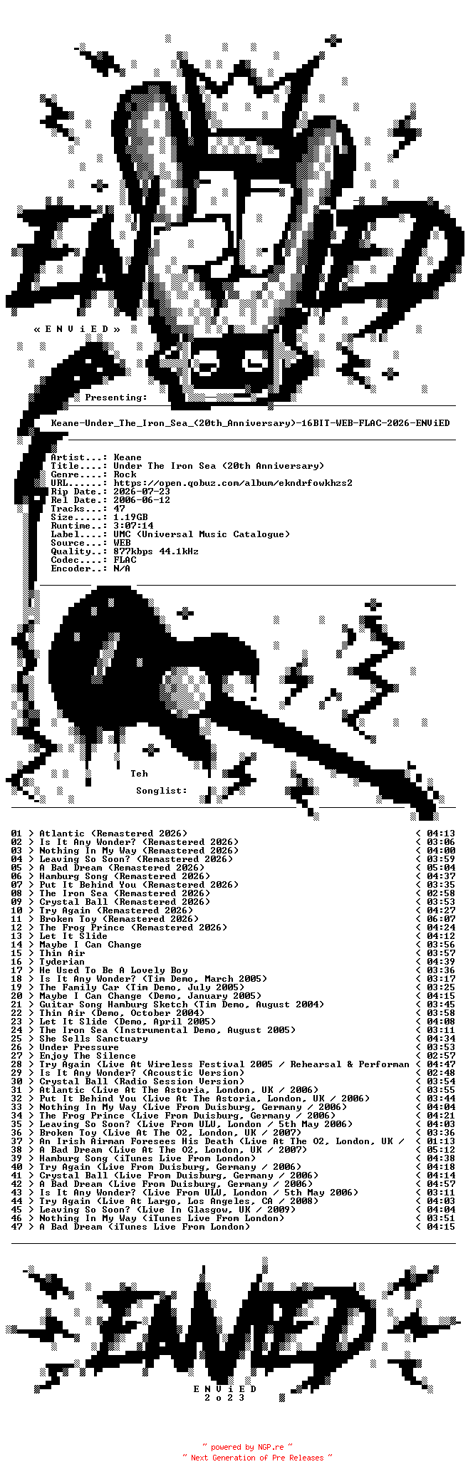 NFO for the release Keane-Under_The_Iron_Sea_(20th_Anniversary)-16BIT-WEB-FLAC-2026-ENViED by ENViED