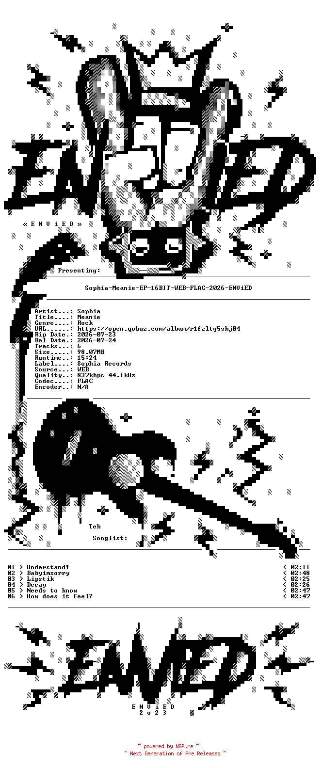 NFO for the release Sophia-Meanie-EP-16BIT-WEB-FLAC-2026-ENViED by ENViED
